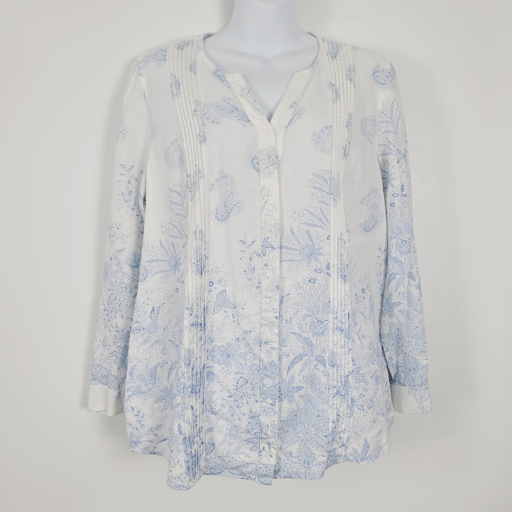 Soft Surroundings White Blue Floral Paisley 100% Linen Pleated Shirt